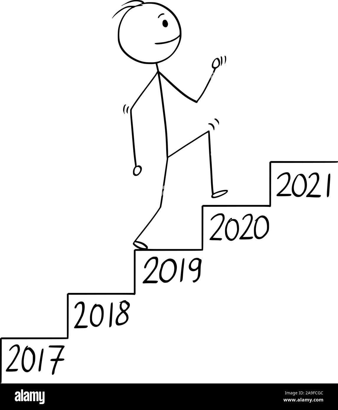 Vector cartoon stick figure dessin illustration conceptuelle de l'homme d'affaires ou en montant les escaliers escalier ou un escalier ou à l'année nombre de chaque étape. Concept d'entreprise de croissance dans le temps. Illustration de Vecteur