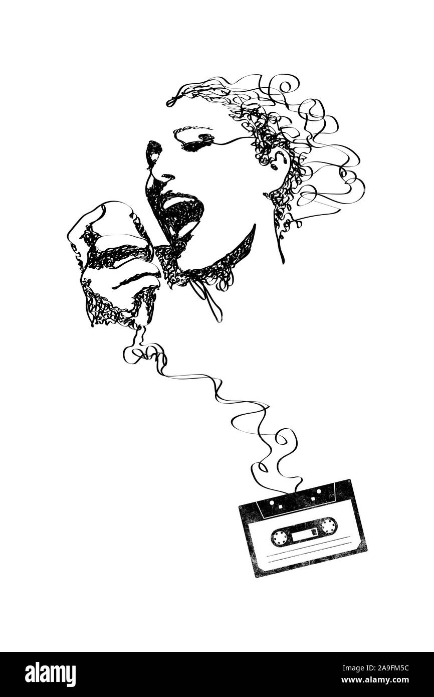 Cassette audio vintage et portrait de femme chantant faite avec du ruban, de la musique et de l'art concept Banque D'Images