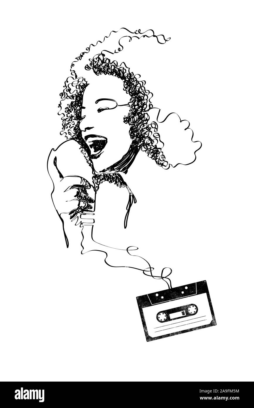 Cassette audio vintage et portrait de femme chantant faite avec du ruban, de la musique et de l'art concept Banque D'Images