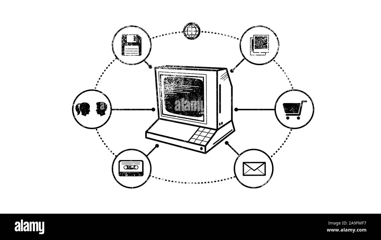 Vintage 80s ordinateur avec réseau d'icônes multimédia, technologie concept rétro Banque D'Images