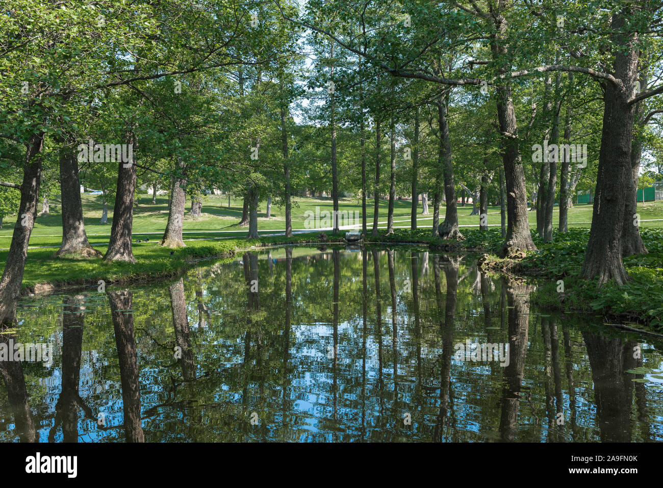 Parc de Drottningholm, vue d'un lac situé dans le parc à l'anglaise dans le parc du château de Drottningholm, dans l'ouest de Stockholm, Suède. Banque D'Images