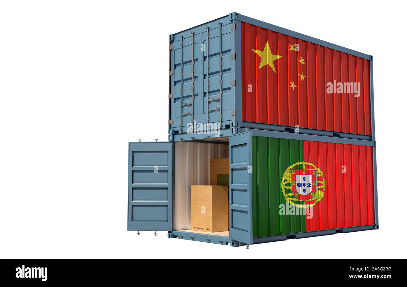Deux conteneurs de marchandises avec la Chine et le Portugal drapeau. Isolé sur blanc - le rendu 3D Banque D'Images
