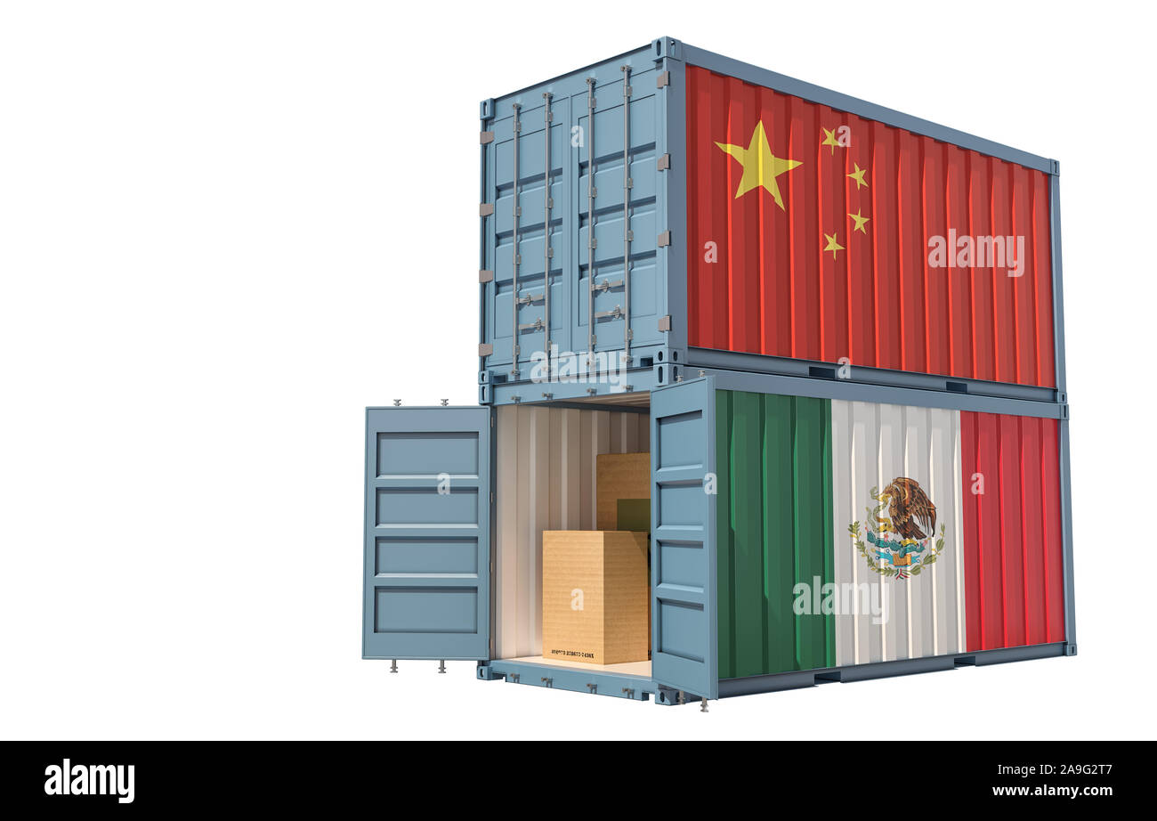 Deux conteneurs de marchandises avec la Chine et le Mexique drapeau. Isolé sur blanc - le rendu 3D Banque D'Images