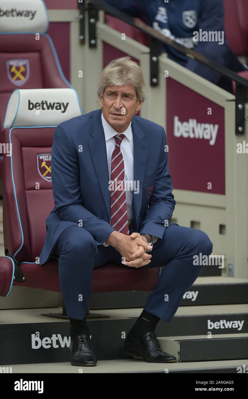 Manuel Pellegrini Manager de West Ham Utd durant la West Ham vs Manchester City Premier League match au stade de Londres samedi 10 août 2019- Banque D'Images