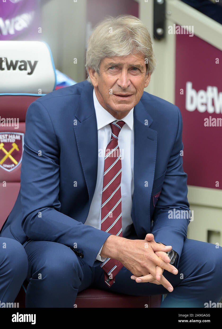 Manuel Pellegrini Manager de West Ham Utd durant la West Ham vs Manchester City Premier League match au stade de Londres samedi 10 août 2019- Banque D'Images