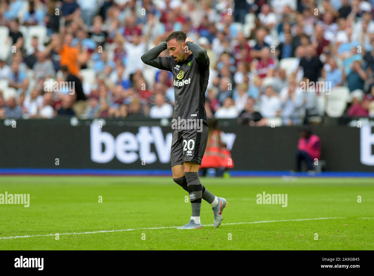Un gros manque de Josip Drmic de Norwich au cours de la West Ham vs Manchester City Premier League match au stade de Londres samedi 31 août 2019-Editori Banque D'Images