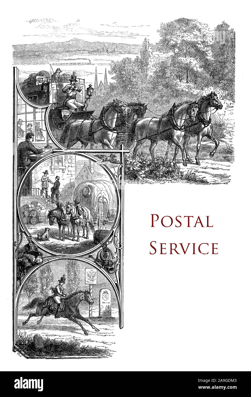 Vintage chapitre page décrivant l'histoire du service postal avec illustration d'un messager à cheval et chariot postal Banque D'Images