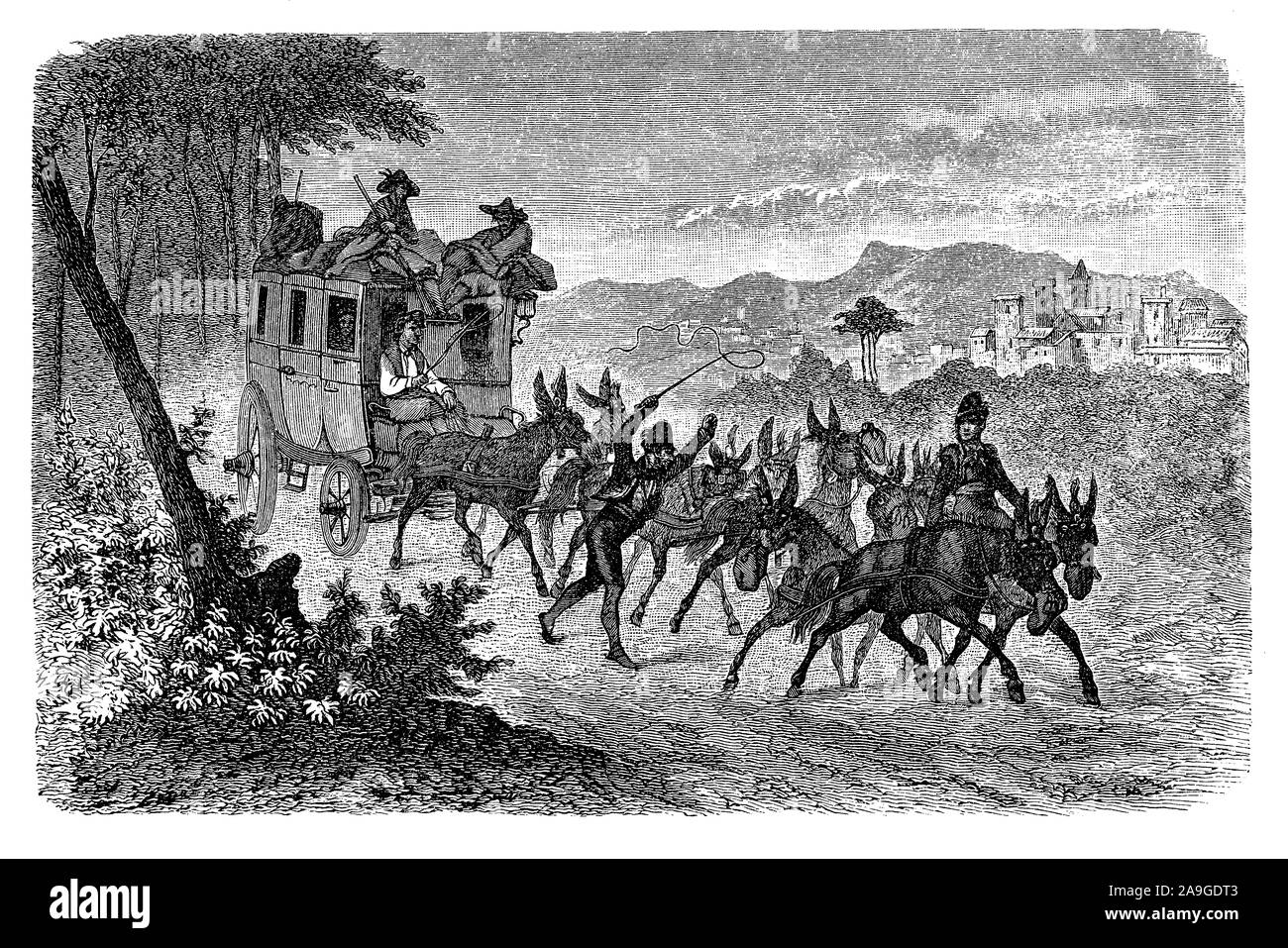 Chariot de service postal gardé par des hommes armés, Espagne, 19e siècle Banque D'Images