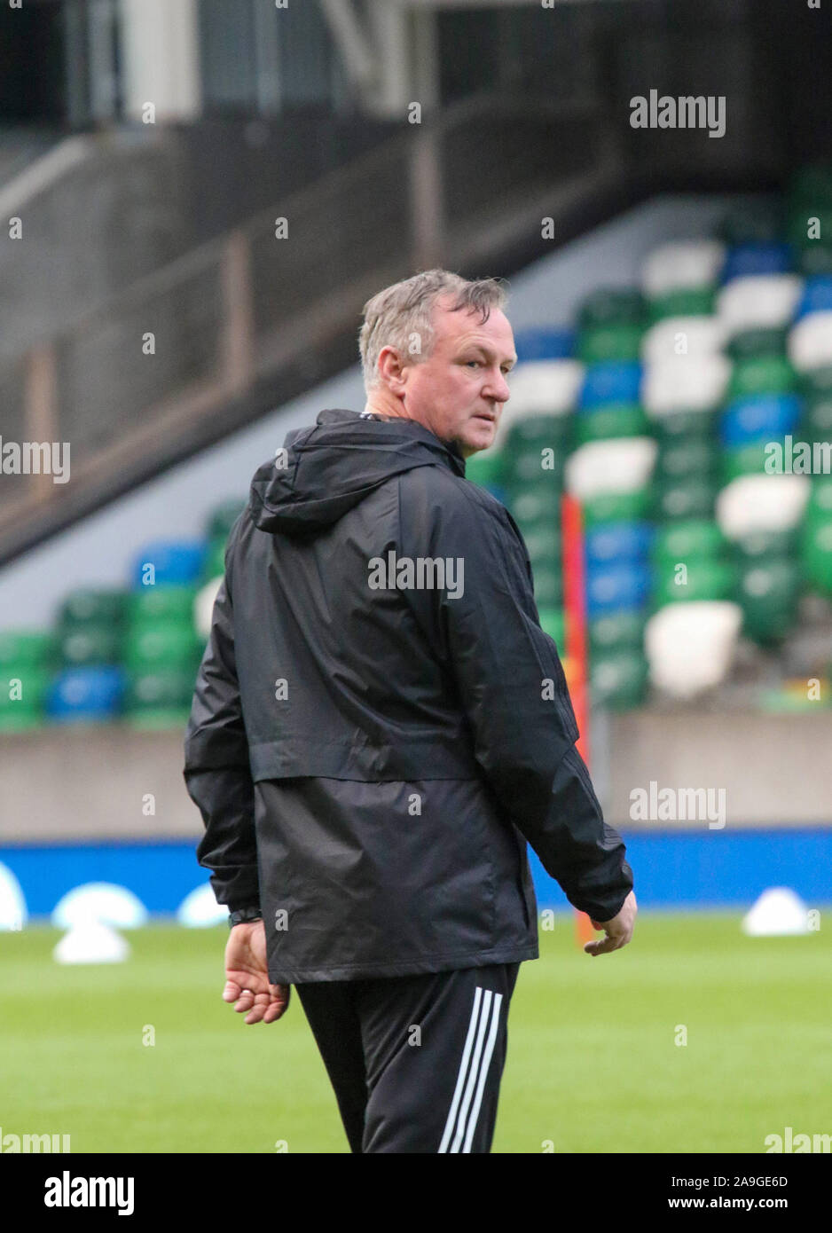 Windsor Road, Belfast, Irlande du Nord, RU.15 Nov 2019. L'Irlande du Nord à la formation Stade National de Football cet après-midi avant de demain soir est essentiel de qualification de l'UEFA Euro 2020 contre les Pays-Bas à Belfast. L'Irlande du Nord manager Michel O'Neill. Crédit : David Hunter/Alamy Live News. Banque D'Images