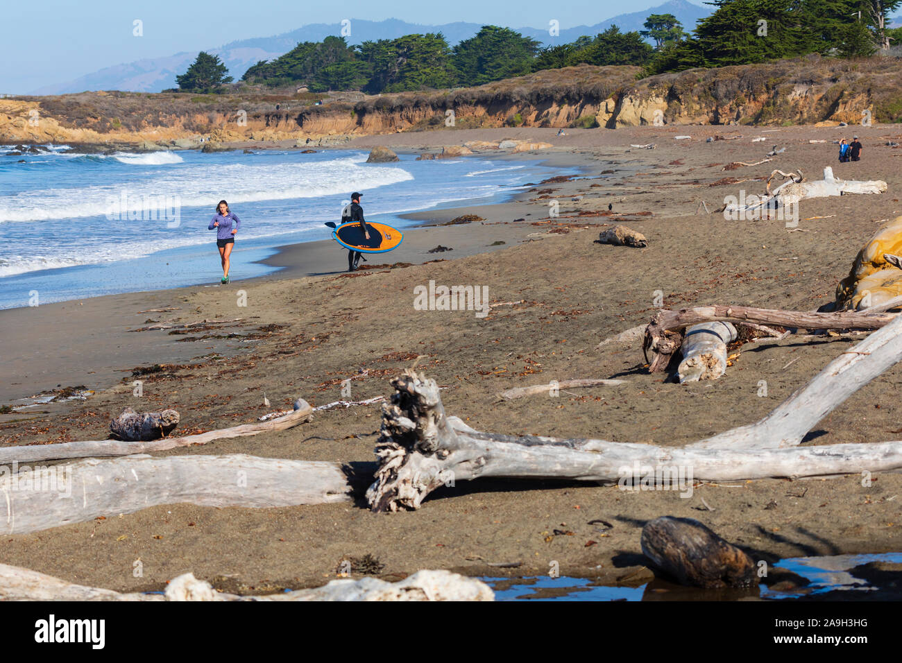 Runner et surfer sur la plage de Cambria, Californie, États-Unis d'Amérique Banque D'Images