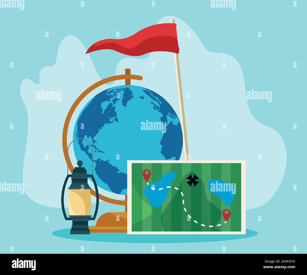 Avec globe géographie carte de la forêt et le camping lantern Illustration de Vecteur