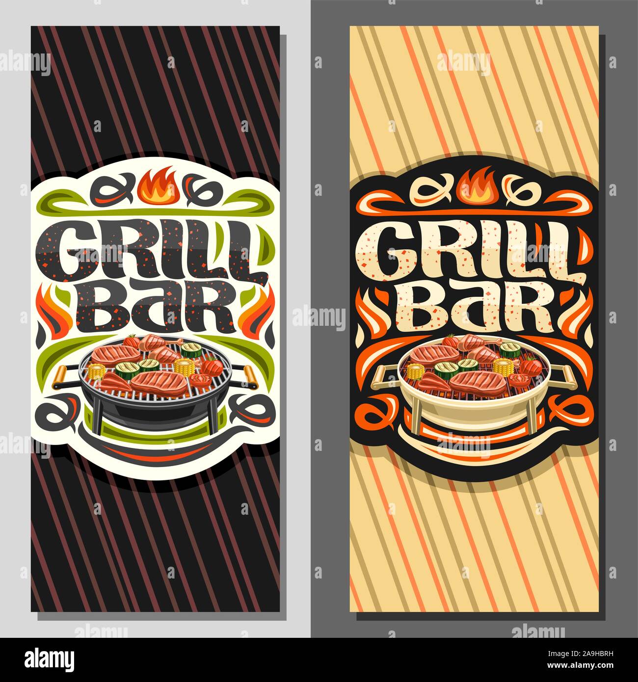 Bannières vecteur pour Grill Bar, notice modèle avec des jambes de poulet frit, steak de surlonge de mouton, courgettes, tomates fraîches en bonne santé et le maïs sucré à la ronde Illustration de Vecteur