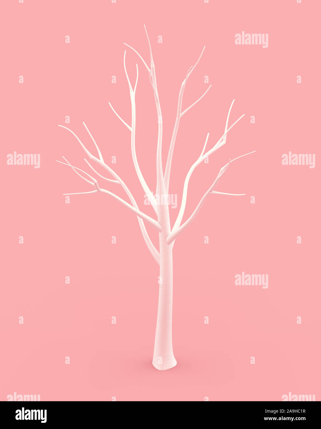 Arbre d'hiver blanc avec des branches sur fond rose. Le rendu 3d. Banque D'Images