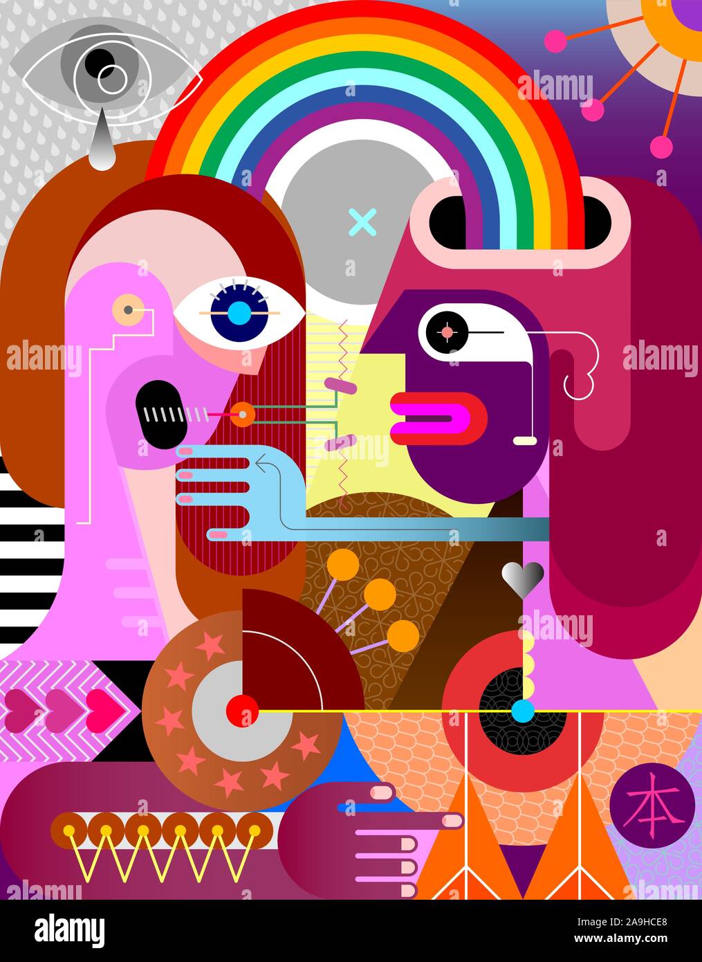 Deux personnes et un arc-en-ciel des manipulations graphiques. L'art abstrait moderne illustration vectorielle. Illustration de Vecteur