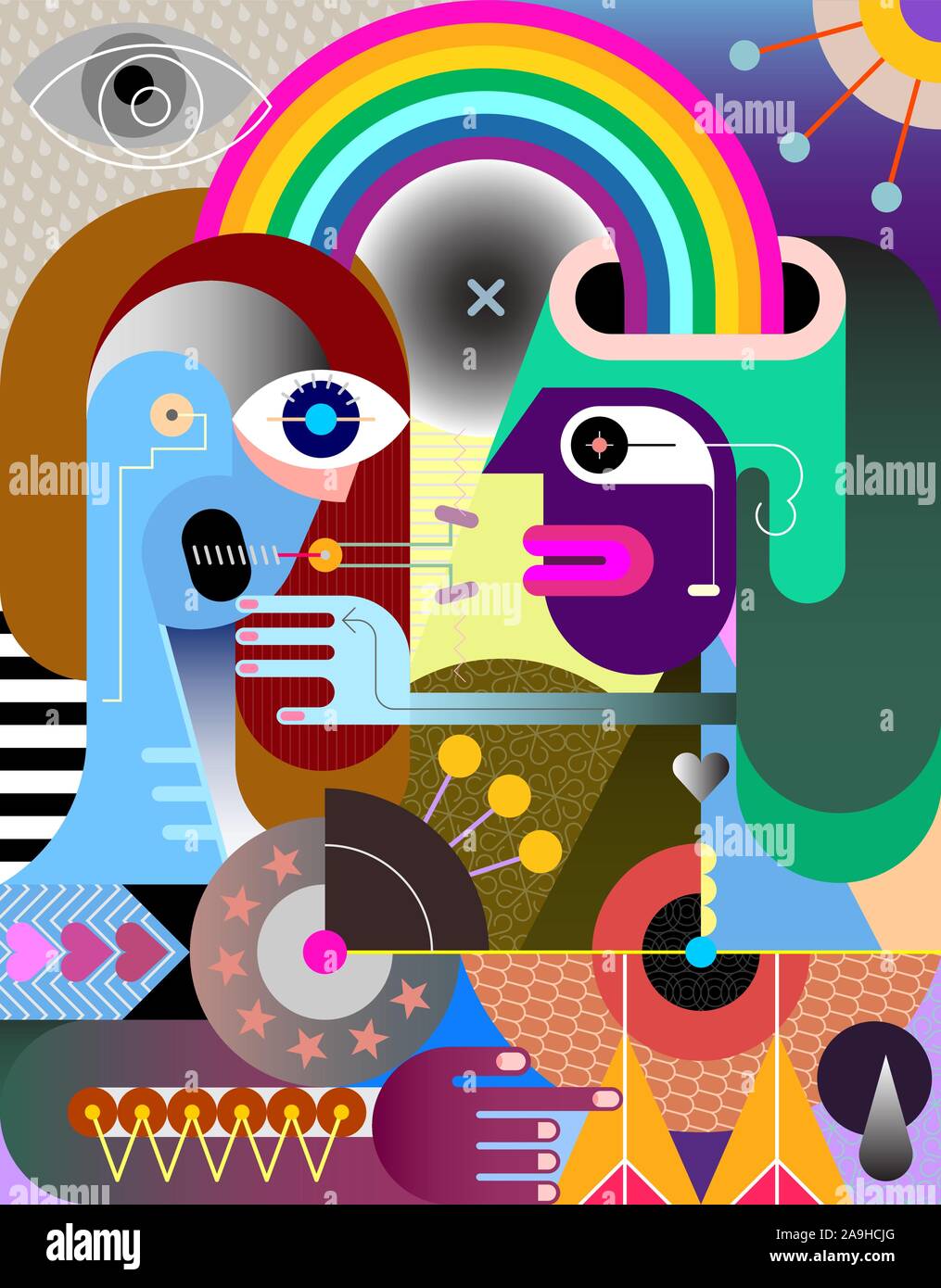 Deux personnes sous un arc-en-ciel l'illustration vectorielle. L'art abstrait moderne portrait de couple. Illustration de Vecteur