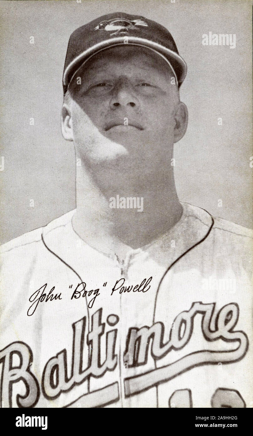 Vintage noir et blanc de carte de base-ball Exposition Boog Powell avec les Baltimore Orioles circa 1960. Banque D'Images