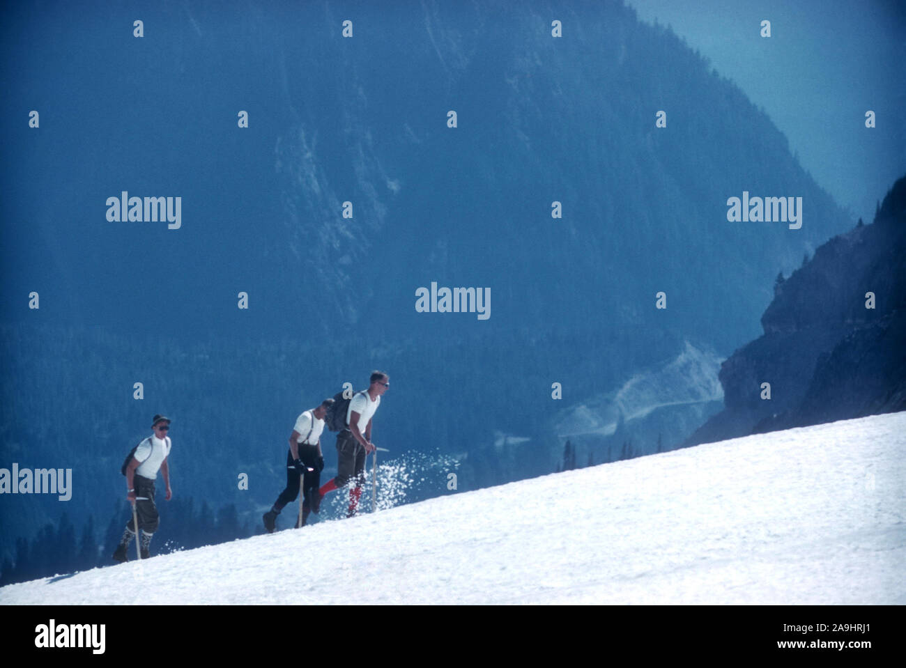1958 : trois hommes à pied dans la neige au cours de leur voyage d'alpinisme vers 1958. (Photo de Hy Peskin) Banque D'Images