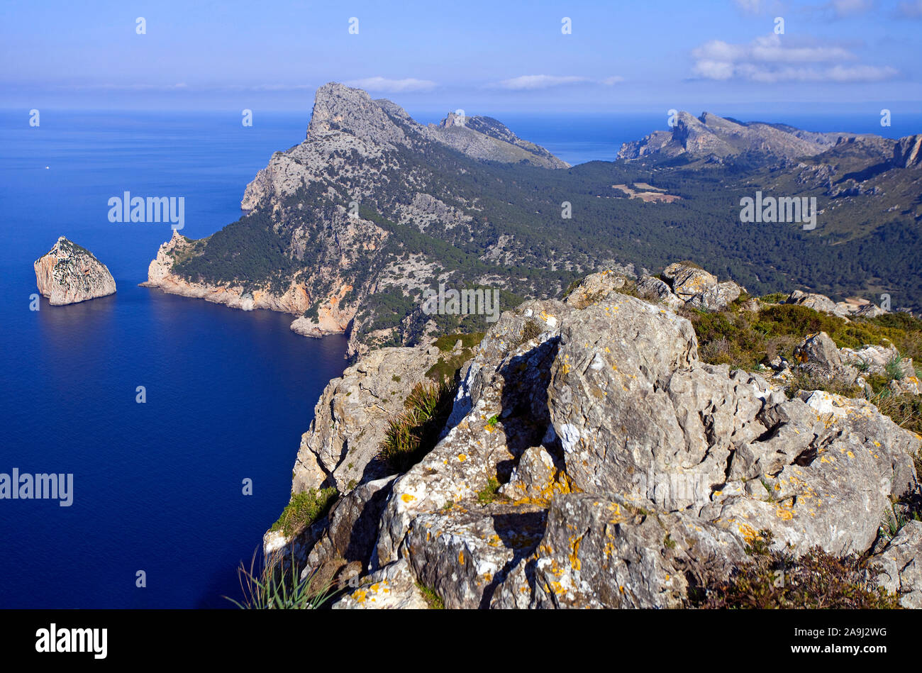Vue depuis Talayot de Almallutx à Le Cap Formentor et Colomer, l'île de Majorque, Iles Baléares, Espagne Banque D'Images