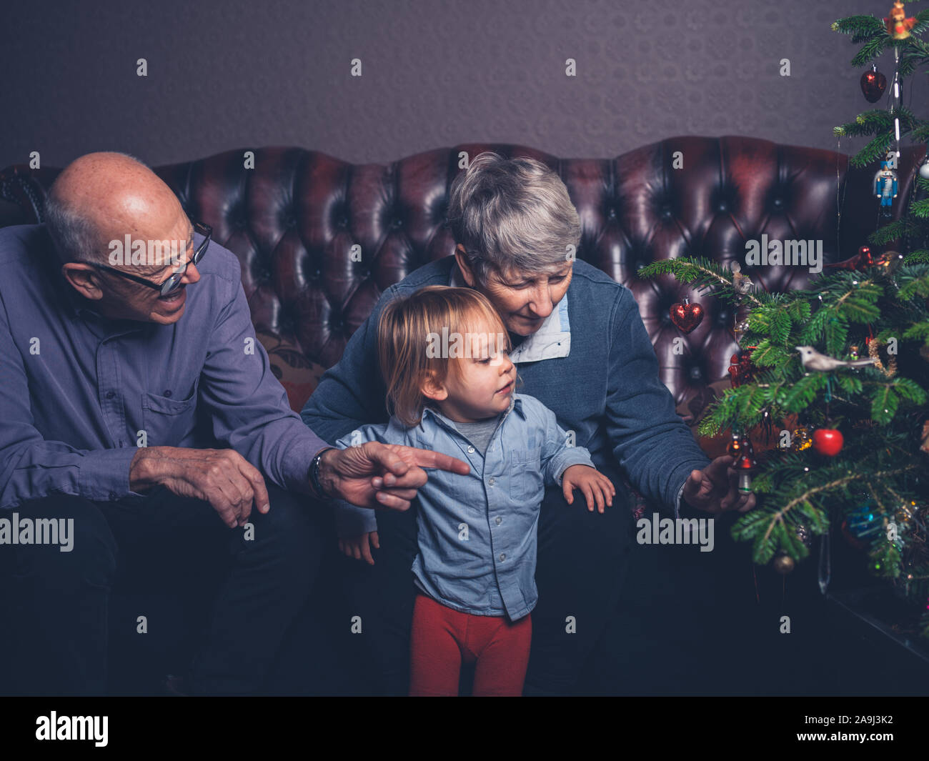 Un petit enfant et ses grands-parents sont assis sur un canapé près de l'arbre de Noël Banque D'Images