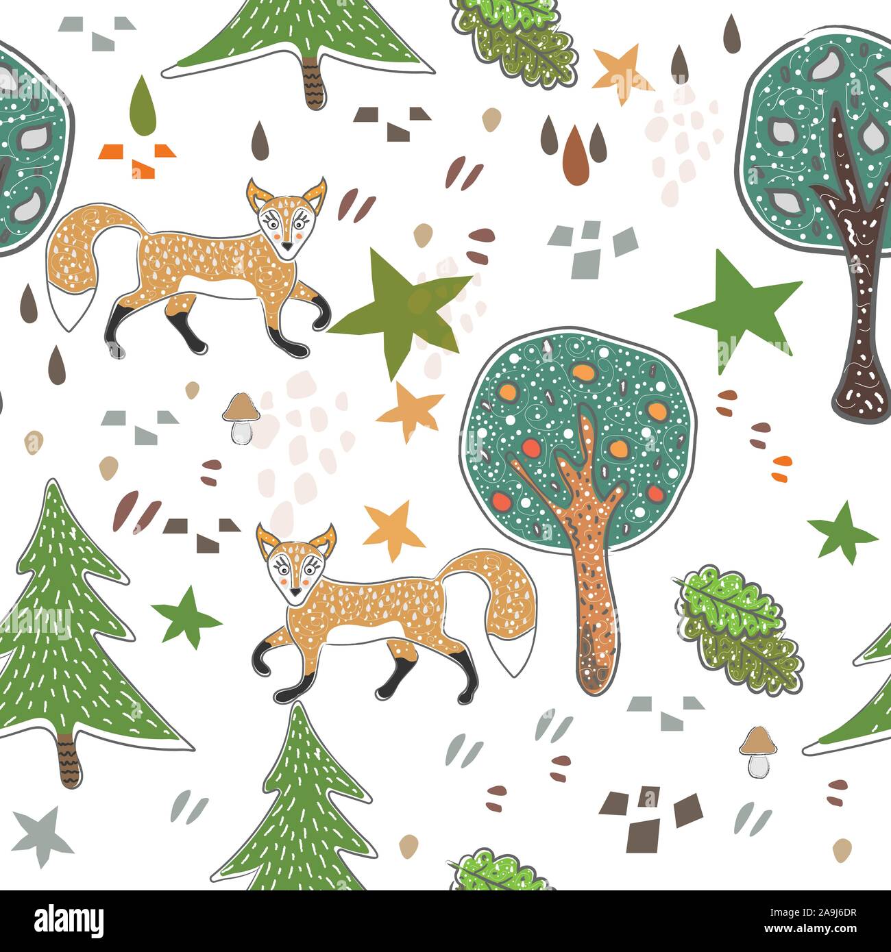 Fox transparente avec motif mignon les arbres, les étoiles, des renards et des formes abstraites. Cute Style scandinave. Illustration de Vecteur