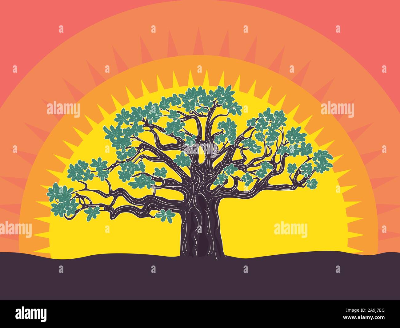 Silhouette stylisée du grand arbre au coucher du soleil d'arrière-plan du paysage. Illustration de Vecteur