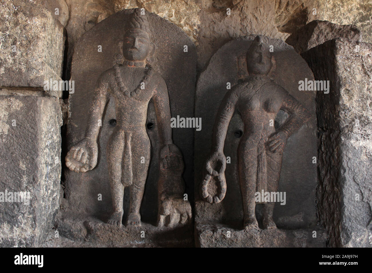 La sculpture antique, Bramhagiri Tryambakeshwar, collines, Nashik, Maharashtra, Inde Banque D'Images