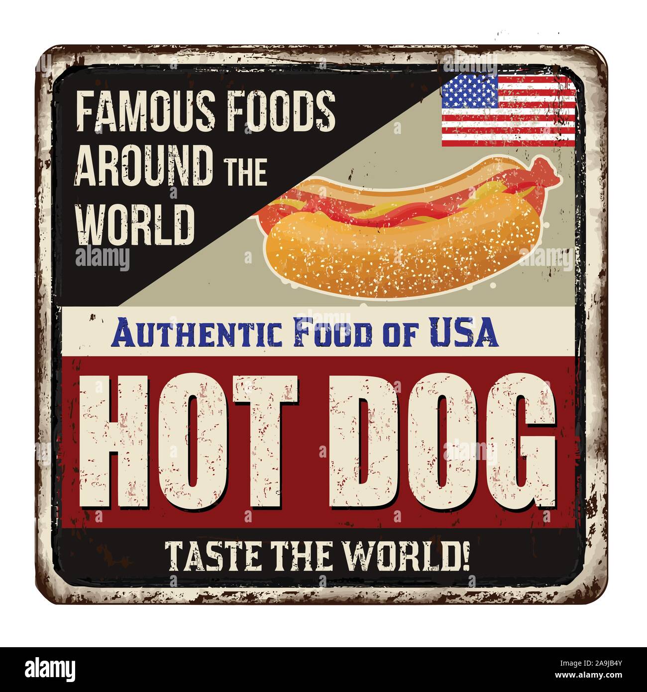 Les aliments célèbres dans le monde entier. Hot Dog vintage métal rouillé signe sur un fond blanc, vector illustration Illustration de Vecteur