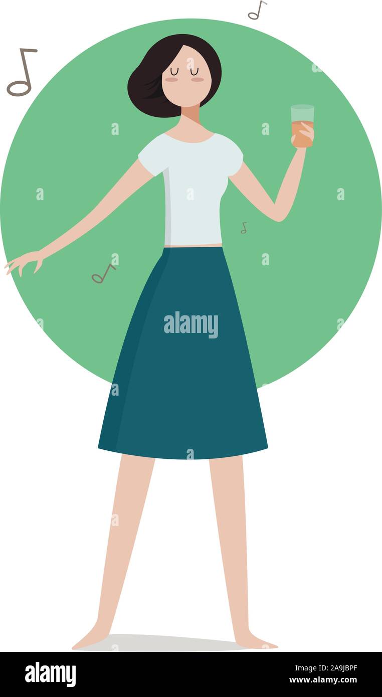 Brunette Fille de bureau Personnage Illustration Holding Glss de verre, souriant et portant des vêtements de bureau fantaisie : Jupe et bleu, partie Blousee Rif Illustration de Vecteur
