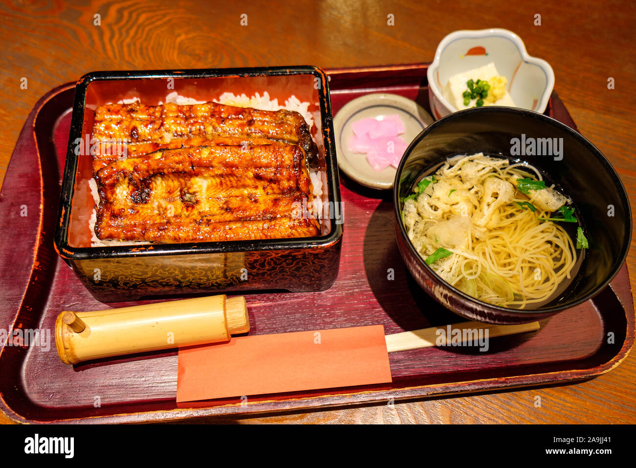 Les anguilles grillées sur le gros plan avec de délicieux fruits de mer Riz japonais célèbre Menu Banque D'Images