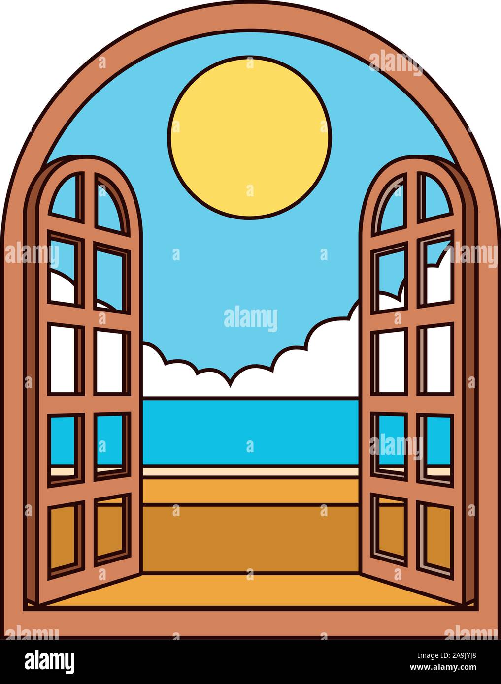 Fenêtre avec beau paysage, modèle plat Illustration de Vecteur