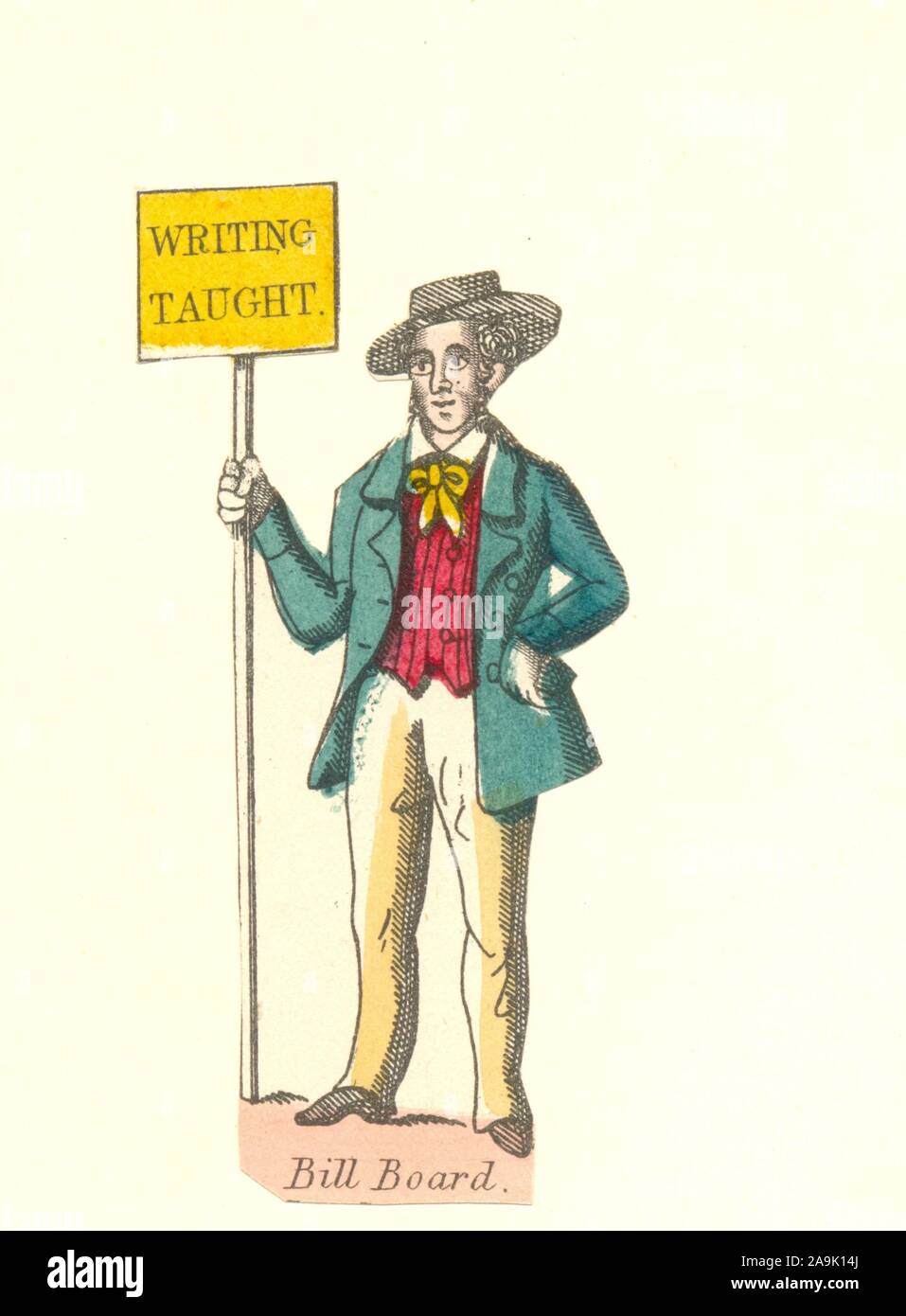 Jeune homme habillés a enseigné l'écriture de publicité en main bill board circa 1855 Banque D'Images