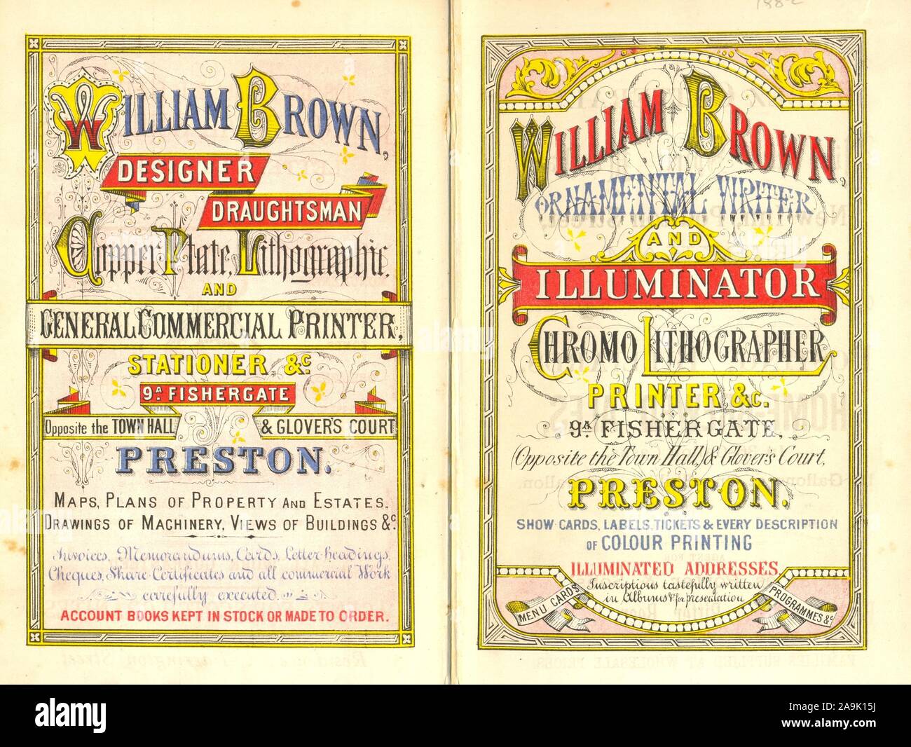 Chromolithographed dépliant publicitaire pour William Brown Illuminateur 1882 Écrivain et ornementales Banque D'Images
