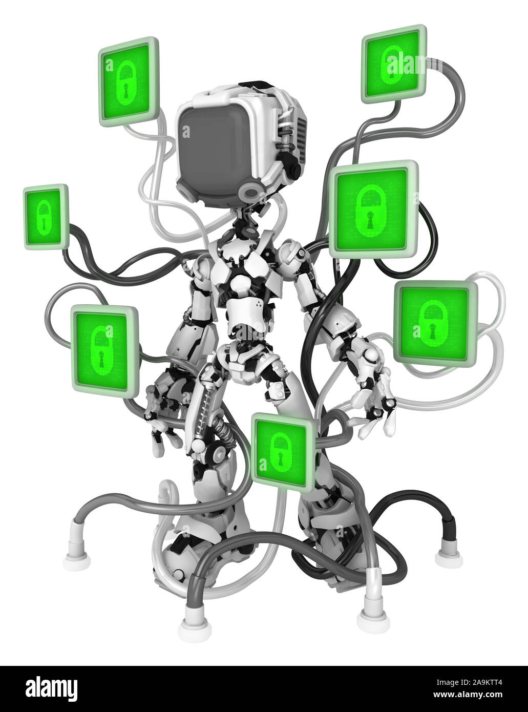 La figure du robot de l'écran présentent un caractère verrouillé câblé pads, 3d illustration, vertical, isolé Banque D'Images