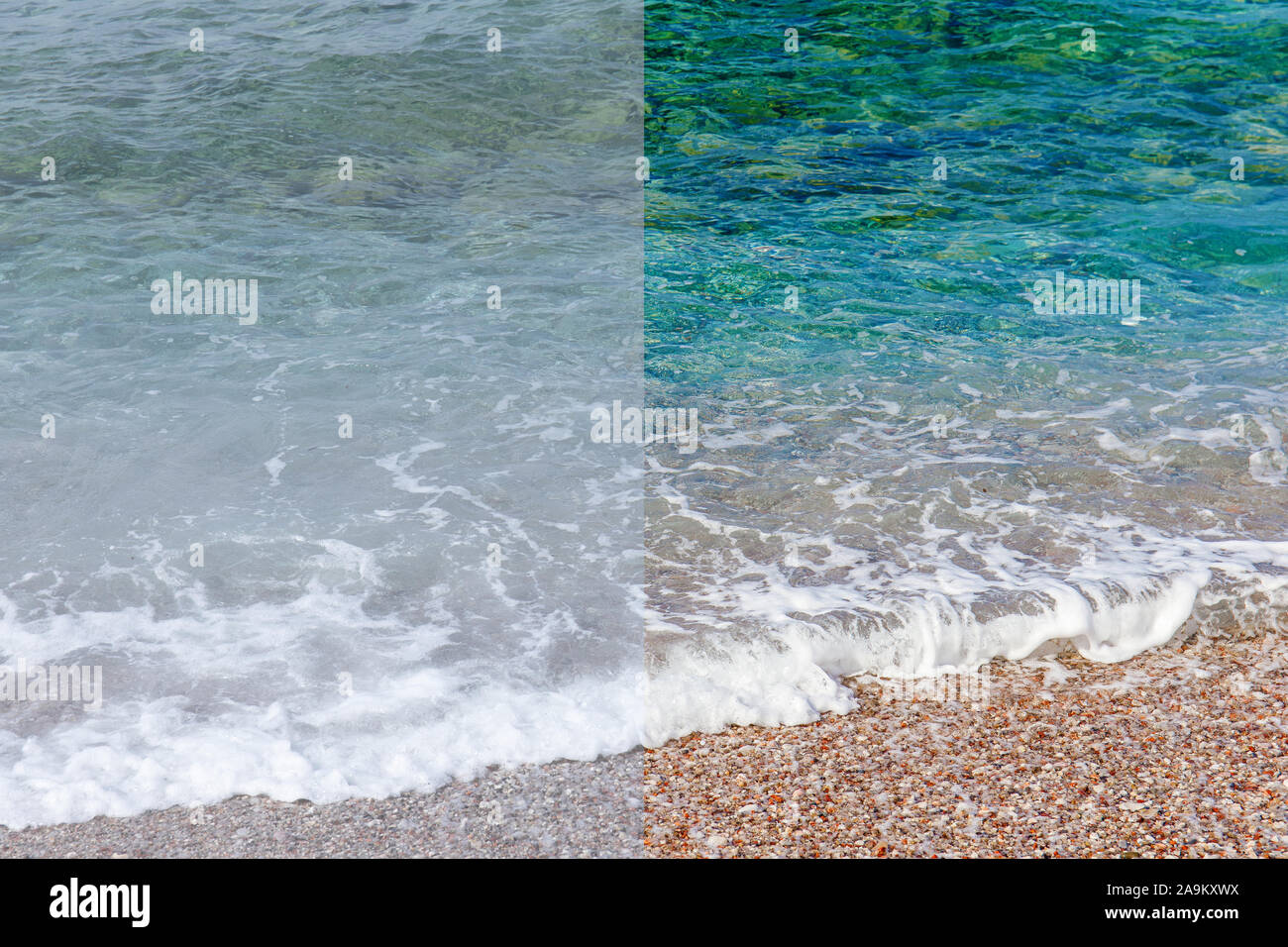 Photo avant et après le processus d'édition d'image. Fond de l'eau des vagues de la mer Banque D'Images