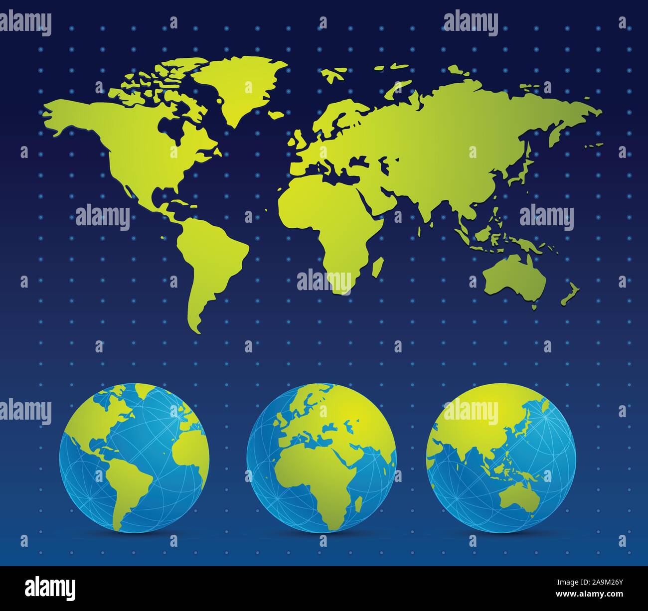 Carte du monde et des globes dans divers point de vue. Carte du monde générée à partir d'https://www.cia.gov/library/publications/the-world-factbook/reference maps/time zones. Illustration de Vecteur