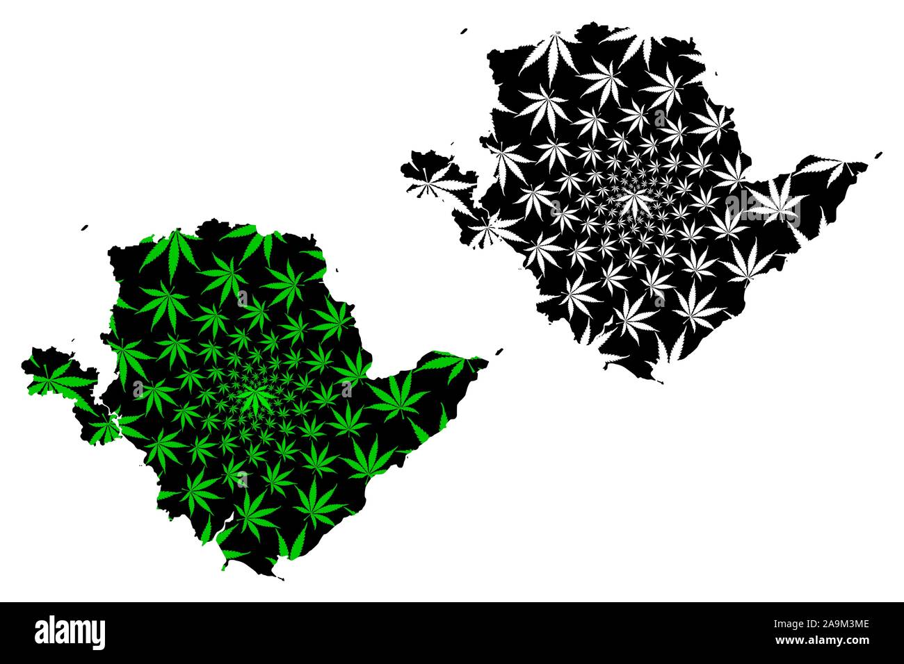 Anglesey (Royaume-Uni, pays de Galles, Cymru, principaux domaines de Galles) la carte est conçue de feuilles de cannabis vert et noir, Isle of Anglesey carte de marijuan Illustration de Vecteur