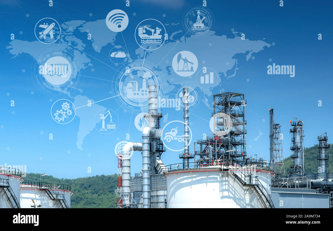 Double exposition de l'industrie des raffineries de pétrole et de gaz concept. Banque D'Images