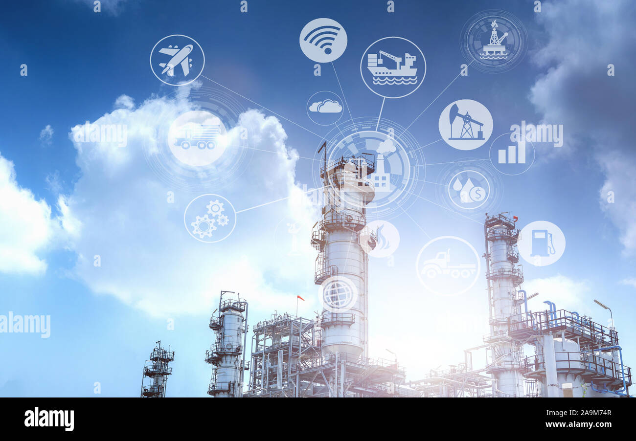 Double exposition de l'industrie des raffineries de pétrole et de gaz concept. Banque D'Images