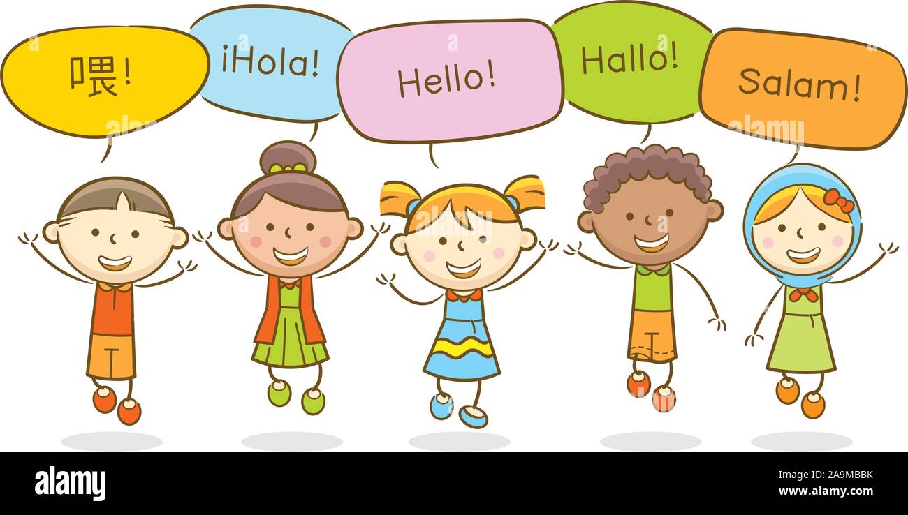 Doodle kid illustration : Multicultural kids dire bonjour en différentes langues Illustration de Vecteur