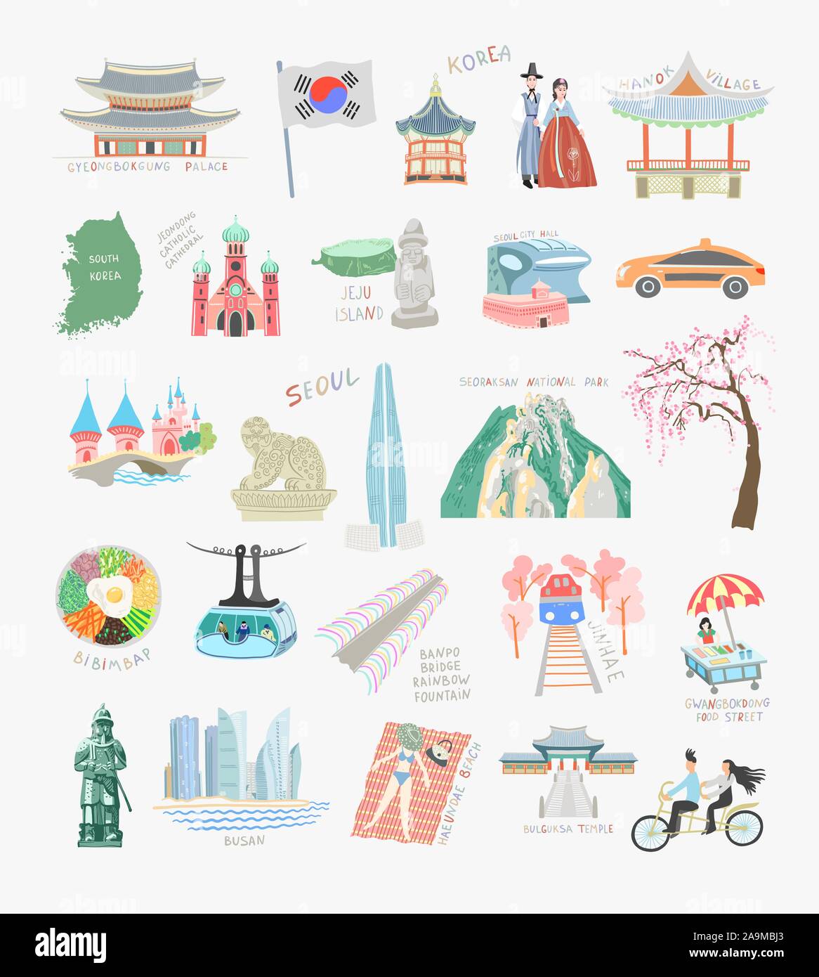 Ensemble de 25 télévision doodle vector illustration sites et attractions de la Corée du Sud Illustration de Vecteur