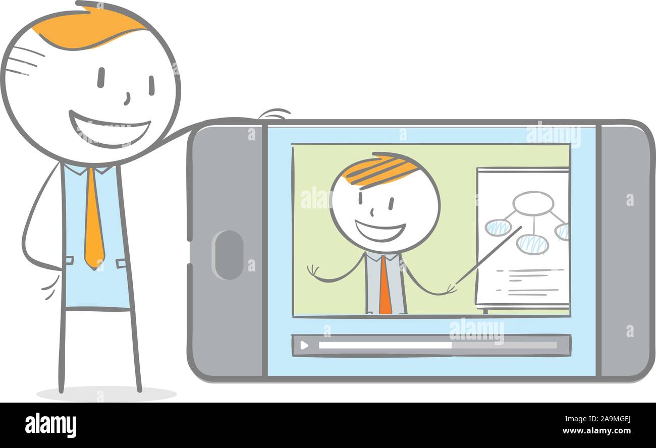 Doodle stick figure : Un homme ayant video chat avec l'enseignant sur son téléphone à l'accueil Illustration de Vecteur