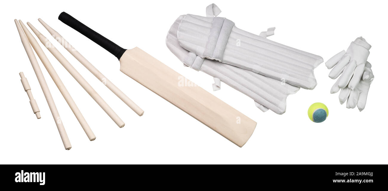 Vue aérienne du cricket Accessoires et outils isolés sur la surface blanche Banque D'Images