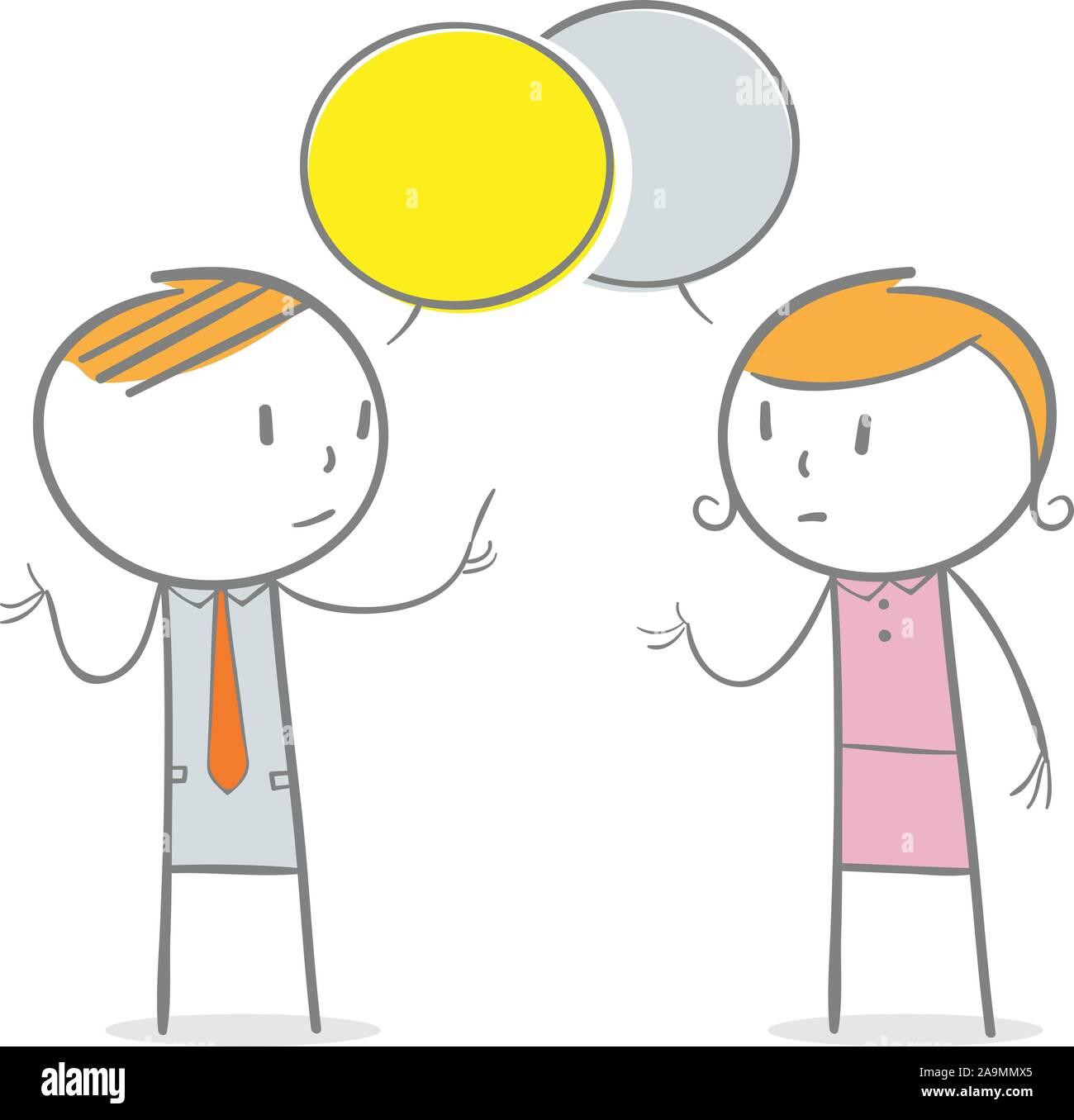 Doodle stick figure : Un homme d'affaires et femme d'affaires à parler avec un Speech bubbles sur leur tête. Illustration de Vecteur