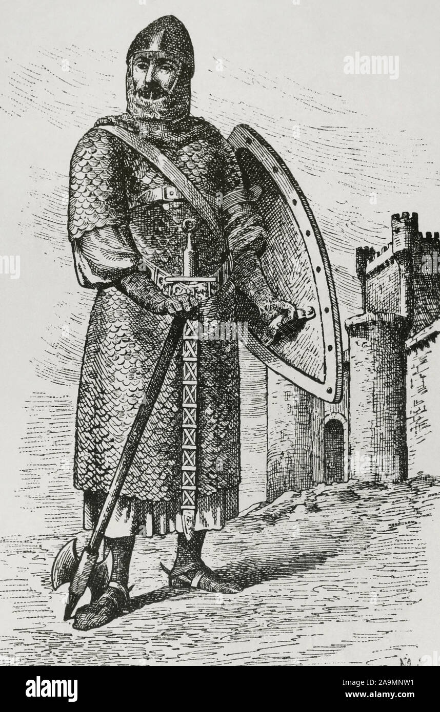 Moyen-Âge. 11e siècle guerrier. La gravure. Museo Militar, 1883. Banque D'Images