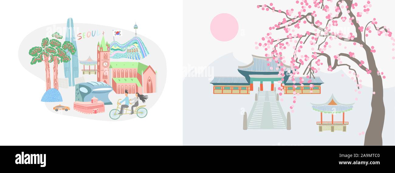 Illustration de la ville de Séoul et le village traditionnel en Corée du Sud Illustration de Vecteur