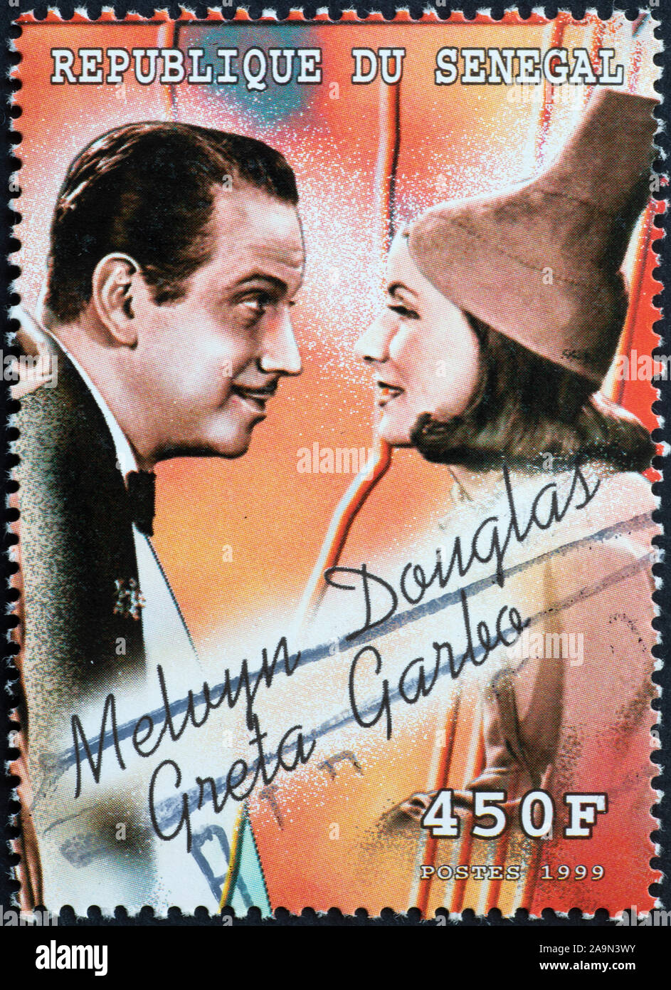 Melvyn Douglas et Greta Garbo sur timbre-poste Banque D'Images