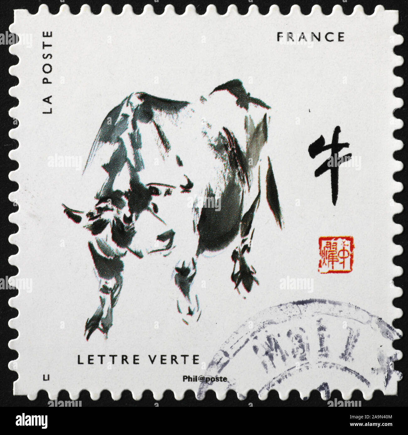 Peinture de l'ox du zodiaque chinois sur timbre-poste Banque D'Images