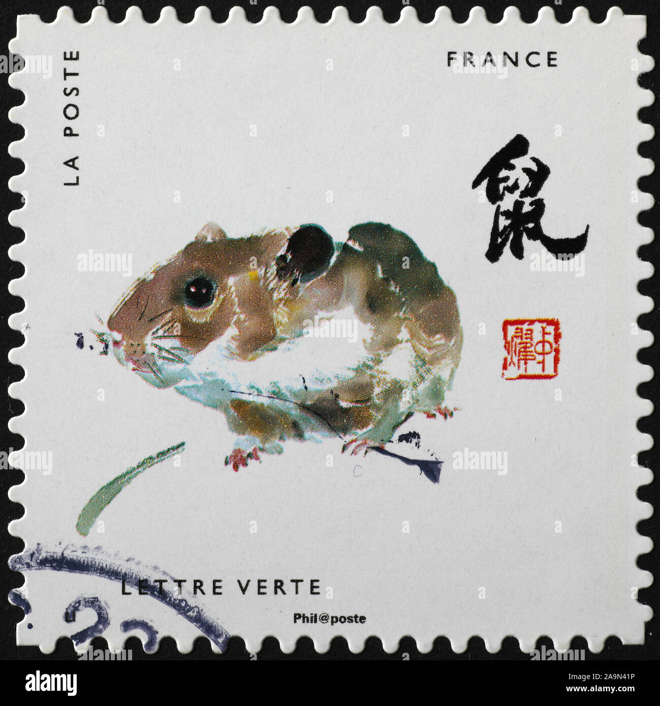 De la peinture de rat zodiaque chinois sur timbre-poste Banque D'Images