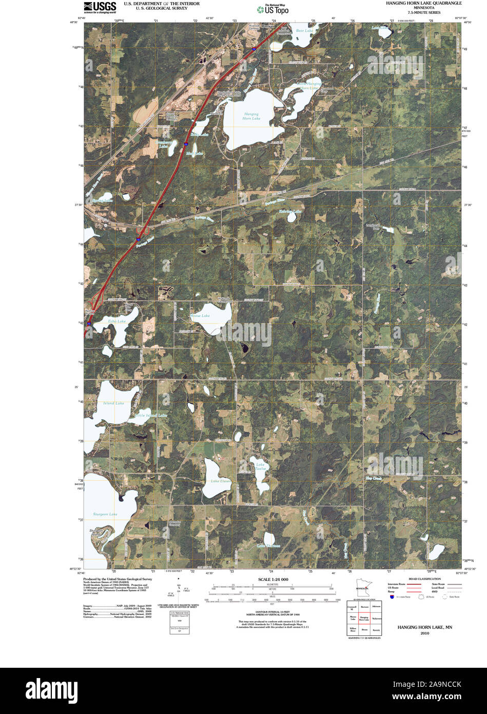 Carte TOPO USGS MInnesota MN pendaison Horn Lake 20100817 Restauration TM Banque D'Images