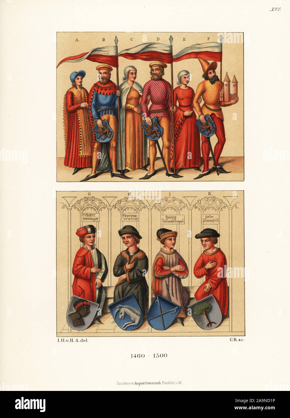 La mode allemande de la fin du xve siècle. Chevaliers de l'Kevernburg avec leurs femmes, des boucliers et des emblèmes héraldiques holding fanions, Arnstadt A-F. Quatre bourgeois riches, Erhart Moringer Wielant, Erasmus, Georg Hanenkampel Paumfeld, Peter, en costume traditionnel d'un privilège d'adresses à Ingolstadt, G-K. Chromolithographie de Hefner-Alteneck les costumes, Œuvres et appareils du Moyen-Âge au 17ème siècle, Francfort, 1889. Illustration par le Dr Jakob Heinrich von Hefner-Alteneck, lithographiée par C. Regnier. Le Dr Hefner-Alteneck (1811 - 1903), était un conservateur de musée, archéologue, art histor Banque D'Images